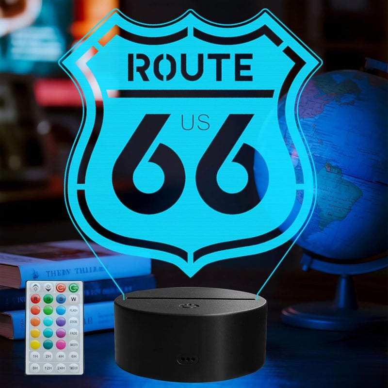 Posshe Route 66 Sign, Route 66 Gifts, 3D Night Light with 16 Colors Changing, Remote Control with Timer, Garage Sign Decor for Mancave, Men Room Decor for Holiday Birthday Christmas - Image 1